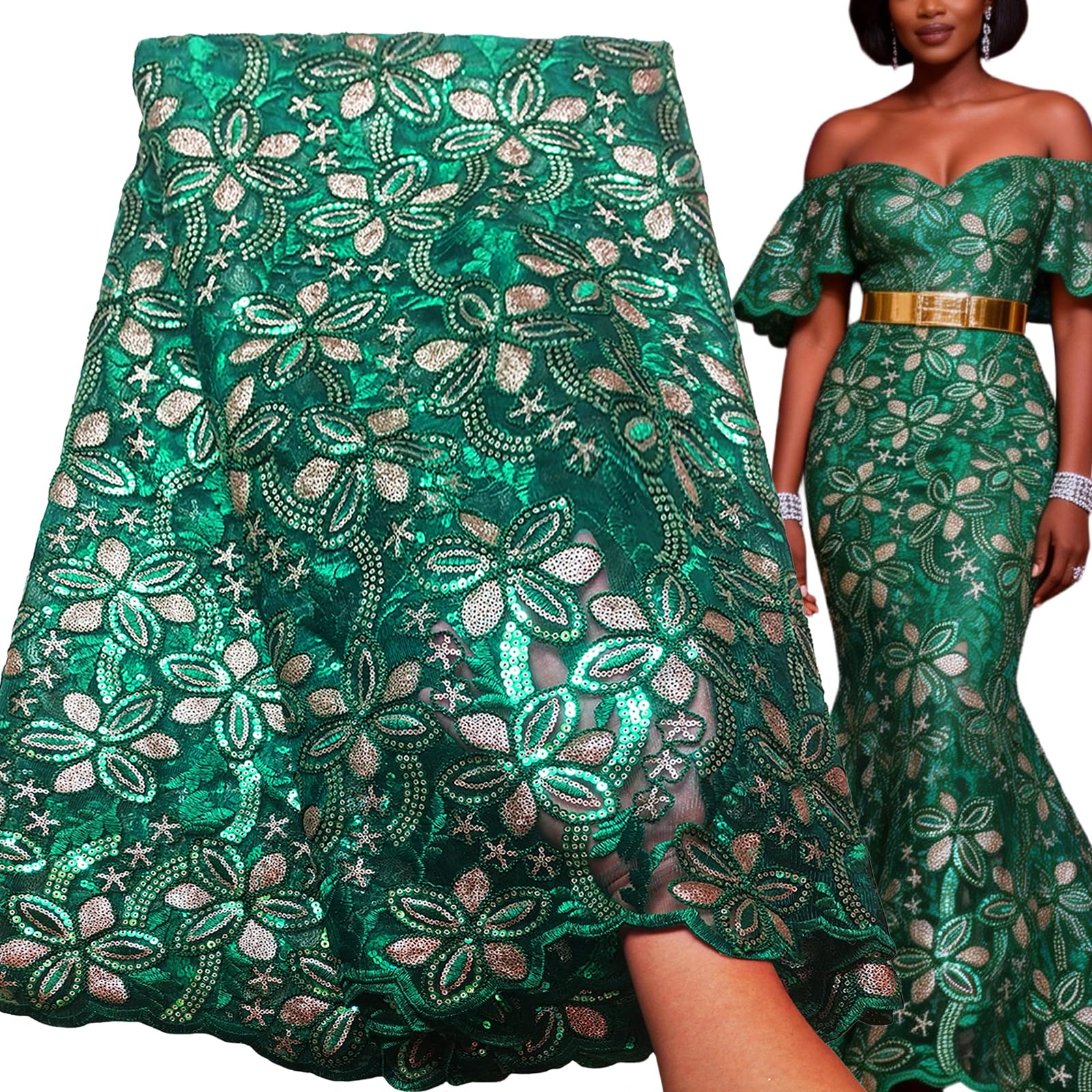 Bestway Tela de encaje africano suave con lentejuelas bordadas de tul francés de 5 yardas para boda y fiesta (verde azulado)