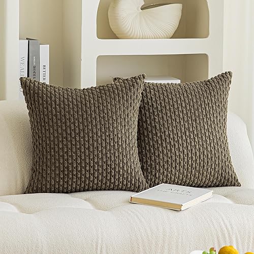 Kevin Textile - Juego de 2 fundas decorativas cuadradas para cojines, pana suave, moderno estilo campestre bohemio rayas, decorar hogar, sofá, cama,