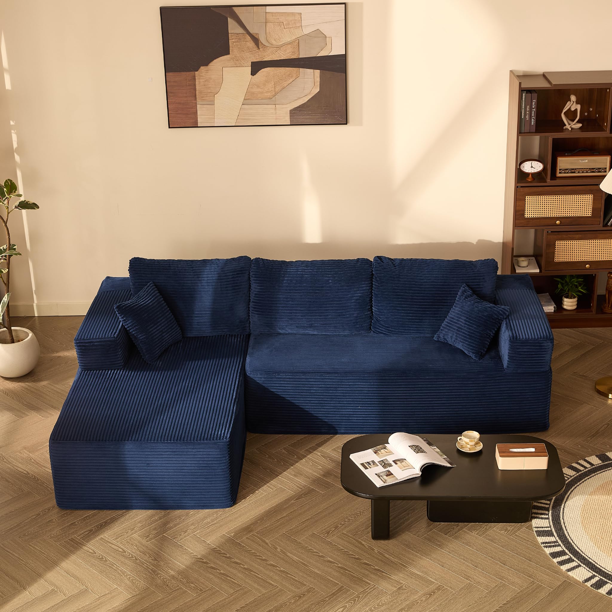 Canapé d’Angle modulable en L avec Fonction lit – Grand canapé Convertible rembourré en Tissu côtelé – Canapé-lit Confortable pour Salon,Bleu Marine | Méridienne Gauche, Assise Profonde, Sans Montage, Mousse Haute Densité, Soutien Stable