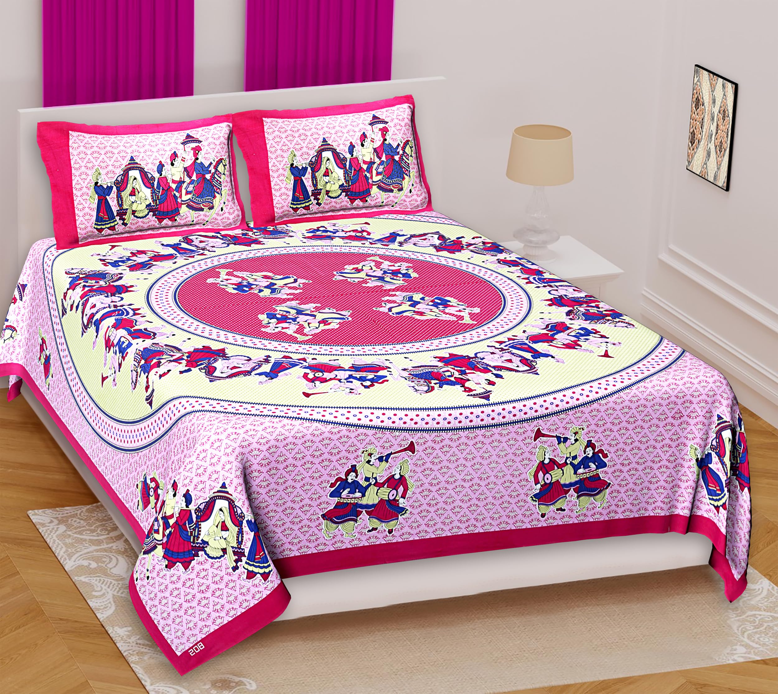 MarusthaliCotton Bed Sheets Full Size Block Floral Printed Handmade Sanganeri Bedsheet Soft Bedcover Bedspread with 2 Pillow Cases 100% Cotton Bedsheets 90 X 108 inches Bedroom Decor (Pink)