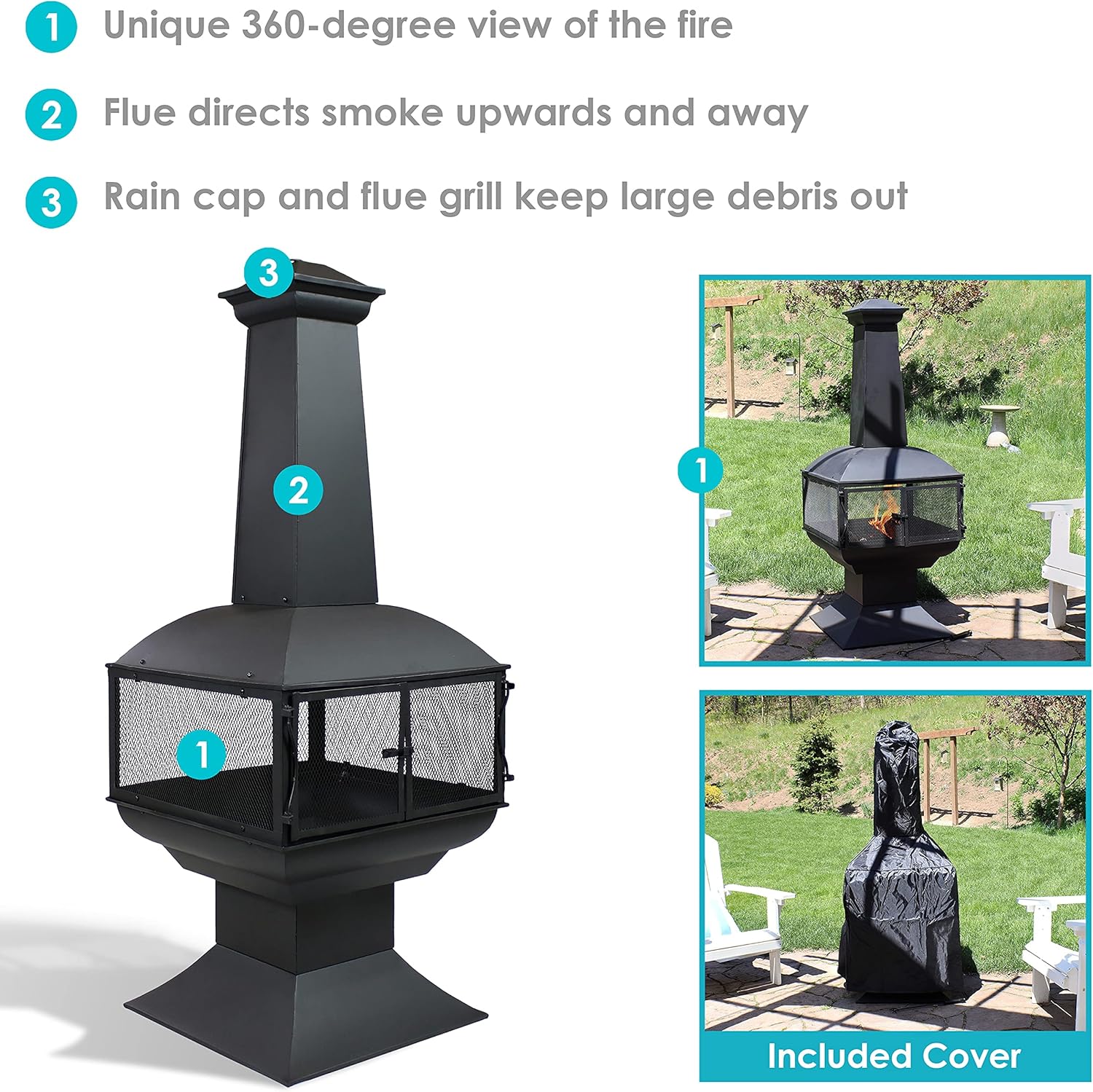 Sunnydaze Outdoor Wood Burning Fire Pit Chiminea - Black Steel Firepit with Log Grate and Poker - Metal Patio Fireplace with 360-Degree View - 57 Inch : Patio, Lawn & Garden