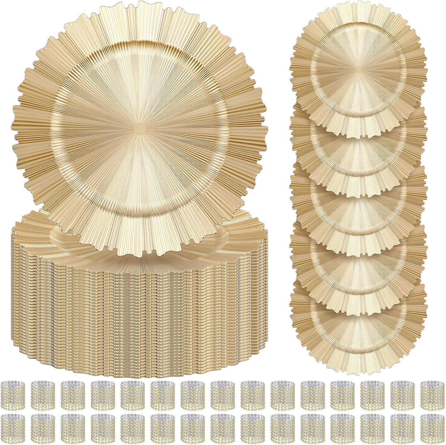 Mifoci 100 Pcs Light Gold Charger Plates Bulk with Napkin Rings Set Include 50 Plastic 13" Plate Chargers 50 Napkin Rings Fluted Edge Wedding Decoration for Table Wedding Party Event(Gear)