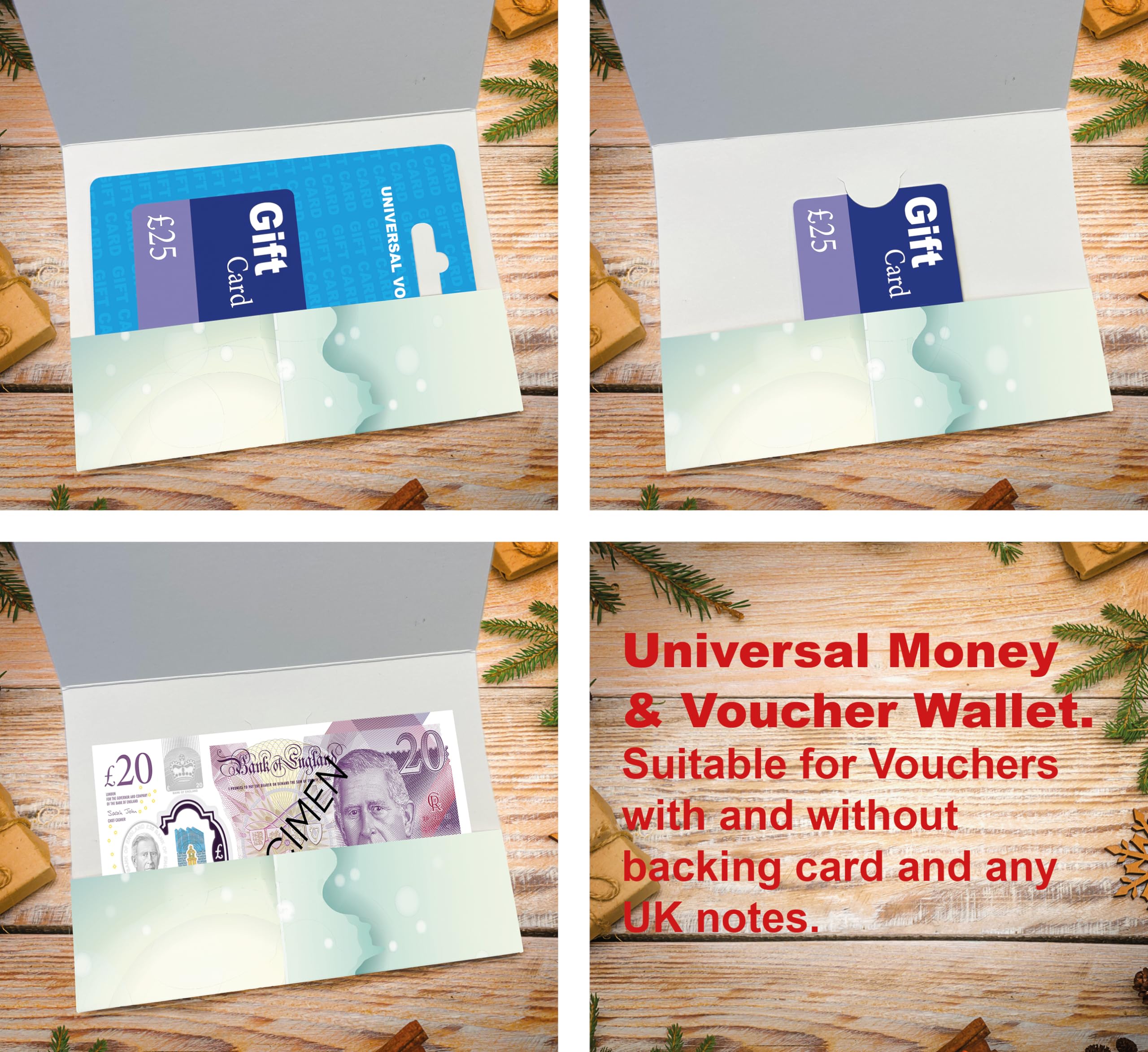 Christmas Money Wallets Pack of 8. Pack contains 4 different Christmas Character designs. Universal Wallet for Cash Voucher and Voucher on Display card. Ecofriendly and UK made - Image 2