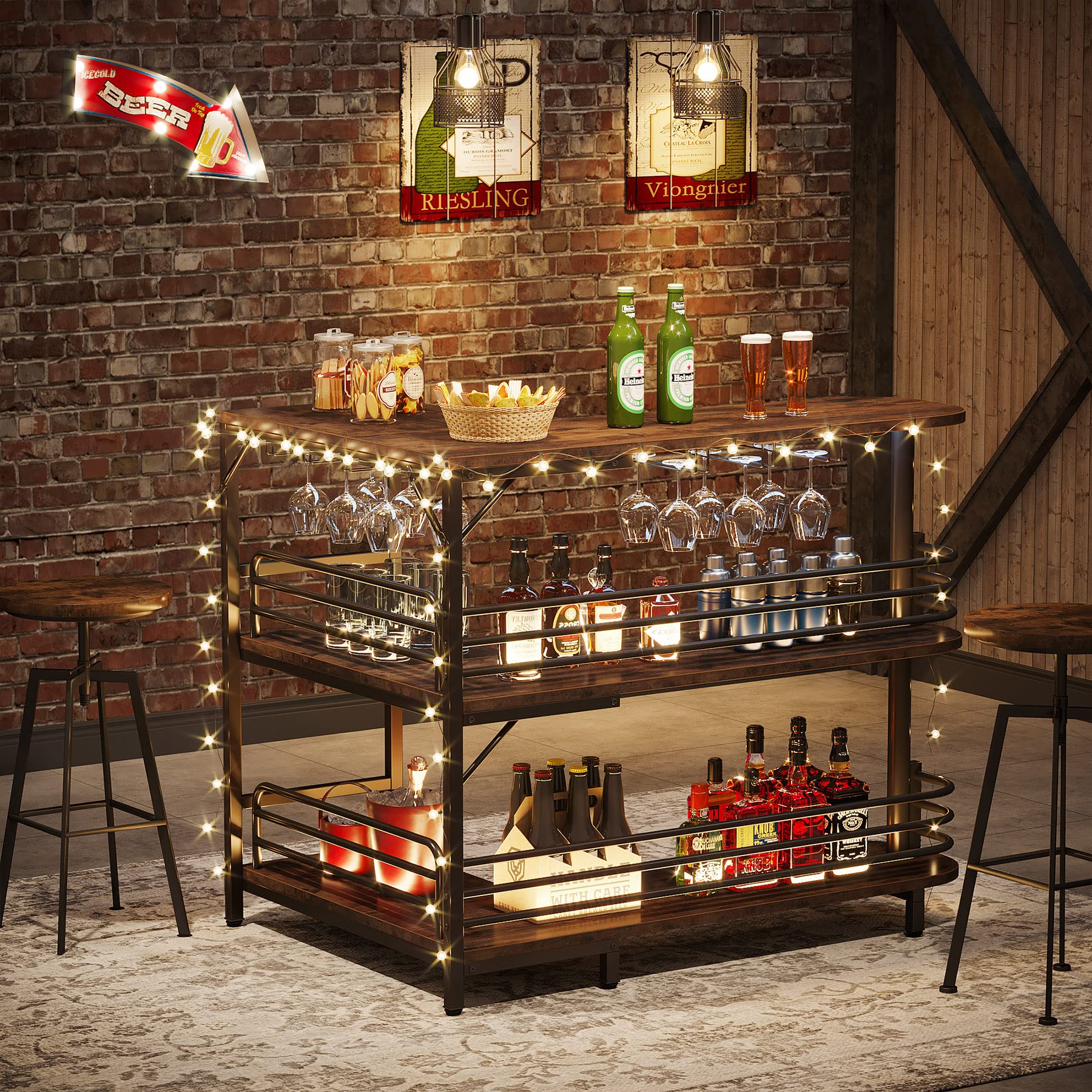 Tribesigns Tavolo da bar a forma di L, tavolo da bistrot per liquori a 3 livelli con scaffale portabottiglie e portabicchieri, tavolo da cucina angolare, per soggiorno, cucina, marrone rustico