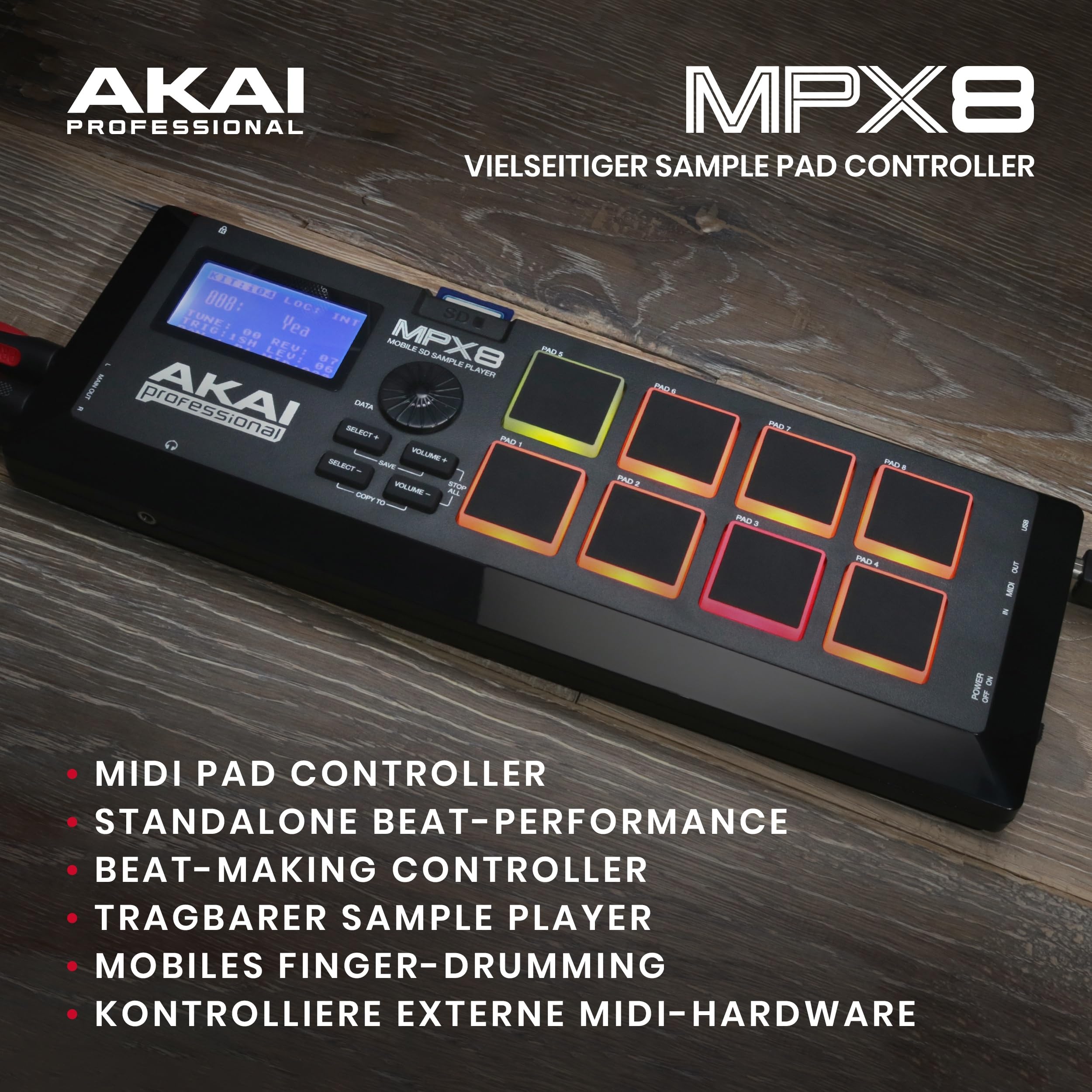 AKAI Pro Professional MPX8 - Portabler Sample Pad Controller mit 8 Performance Ready Pads & On Board SD Kartenslot