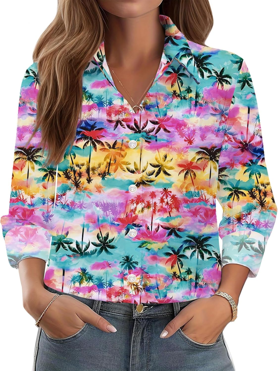 Button Down Long Sleeve Shirts for Women Floral Print Button Up Business Casual Outfits Trendy Ladies Top Blouses