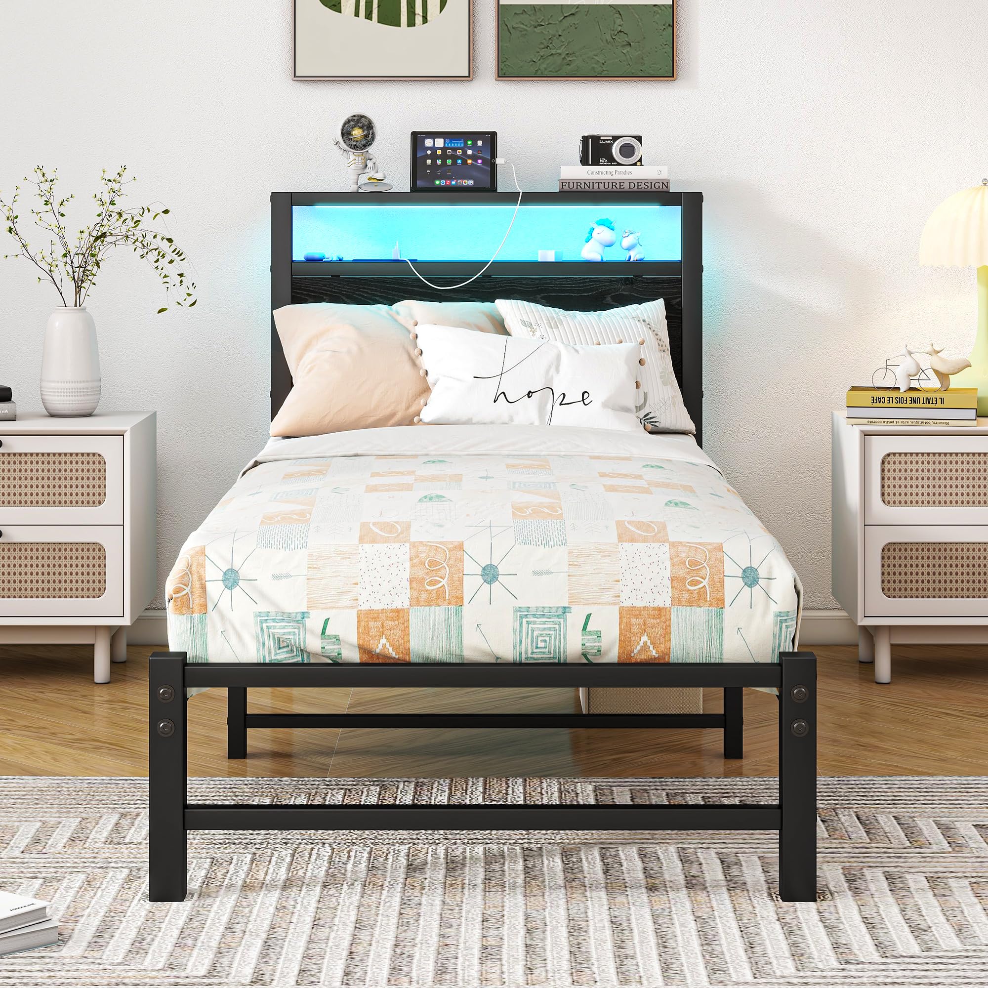 VERFARM Single Bed Frames with Storage Headboard Shelf, Black