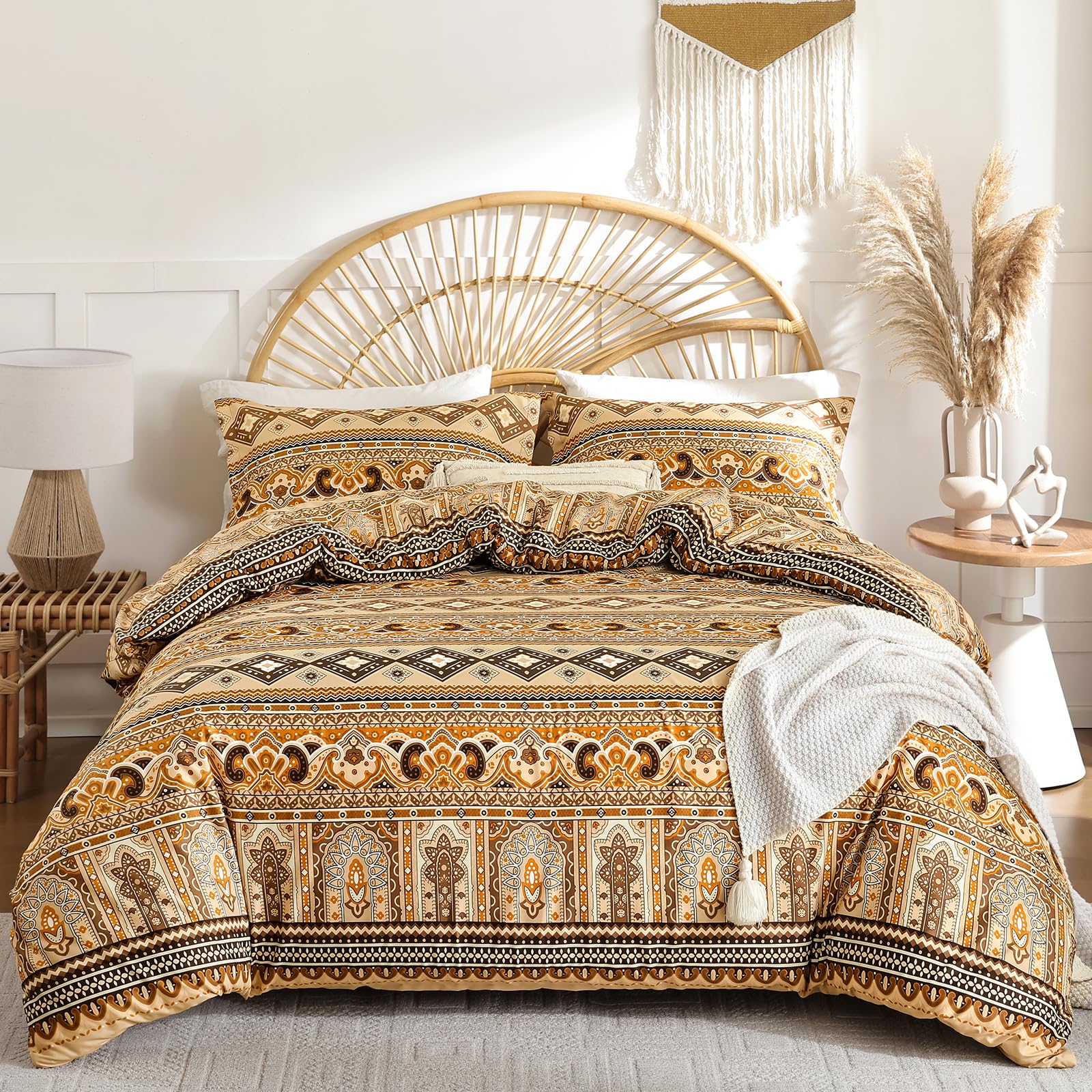 WONGS BEDDING Bohemian King Size Duvet Cover Set Brown Colorful Boho Striped Bedding Set including 2 Pillowcases Soft Microfiber Moroccan Fall Quilt Cover with Zipper Closure 220x230cm - Image 2