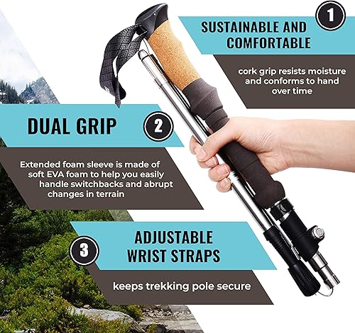 Miniatura 2 de TREKOLOGY 2 bastones de senderismo  6 puntas de goma de repuesto, bastones de trekking plegables, poste de senderismo nórdico agarre de corcho.