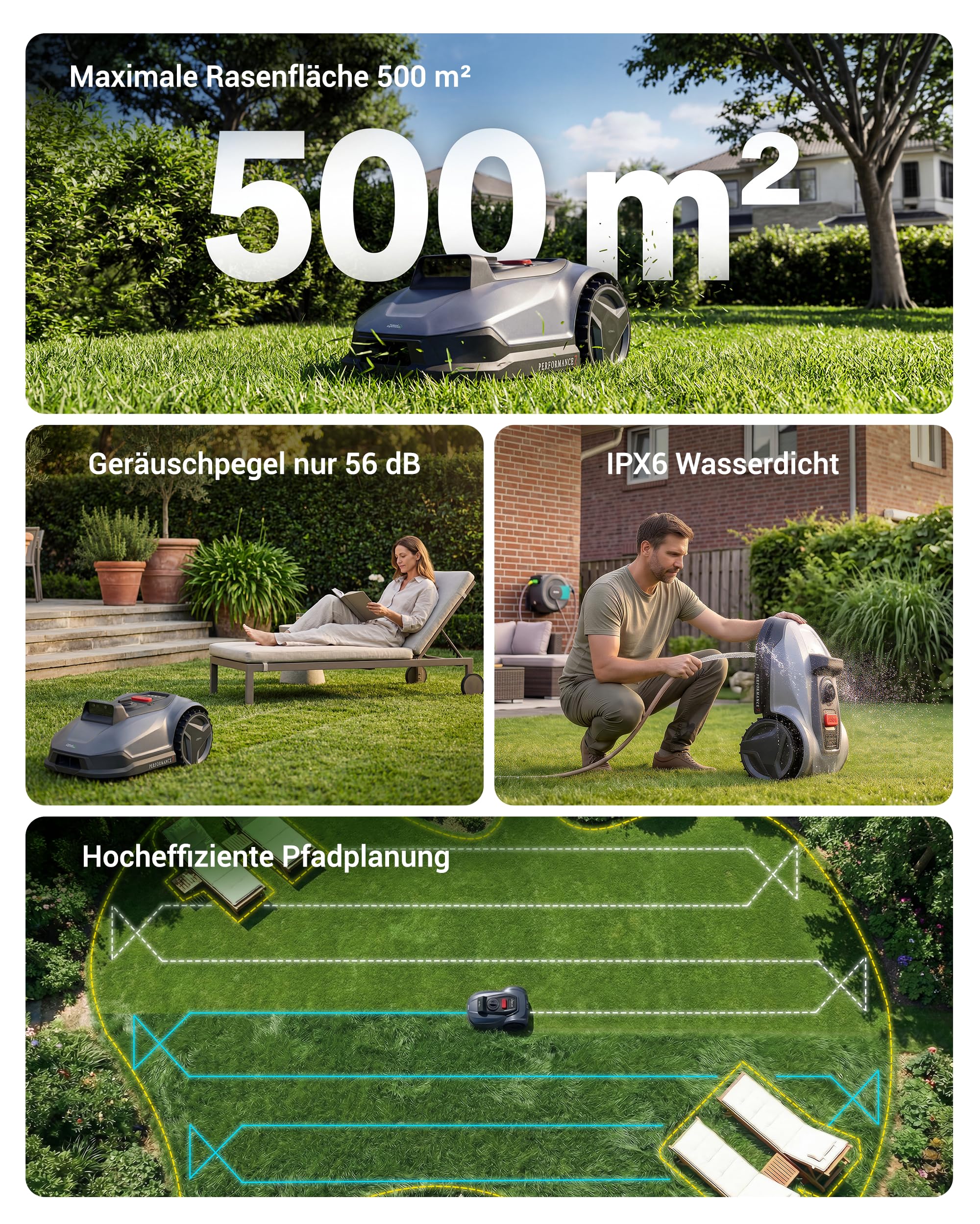 Natural Expressions Performance 7 Mähroboter ohne Begrenzungskabel mit Garage, 500m² Rasenmäher kein RTK mit Vision 3.0 KI-Navigation, 5-Min-Installation, Hindernisvermeidung, Igelschutz