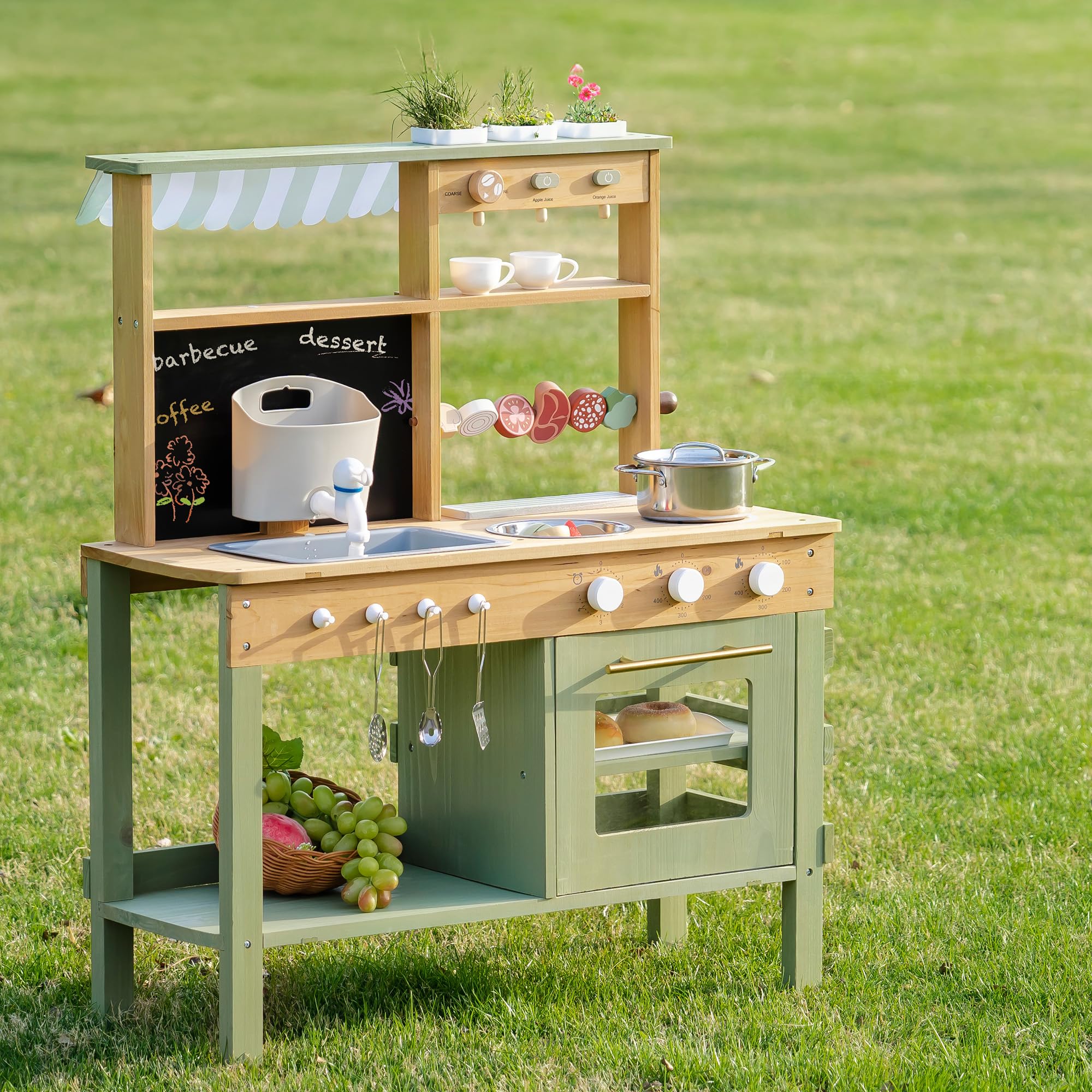 Condition photo showing New/Like New for ROBOTIME Mud Kitchen for Kids, Outdoor Wooden Playset with Mud Kitchen, Sink, BBQ Grill, Coffee Maker, Planting Area & Oven, Pretend Play Kitchen for Outdoor Fun Ages 3+