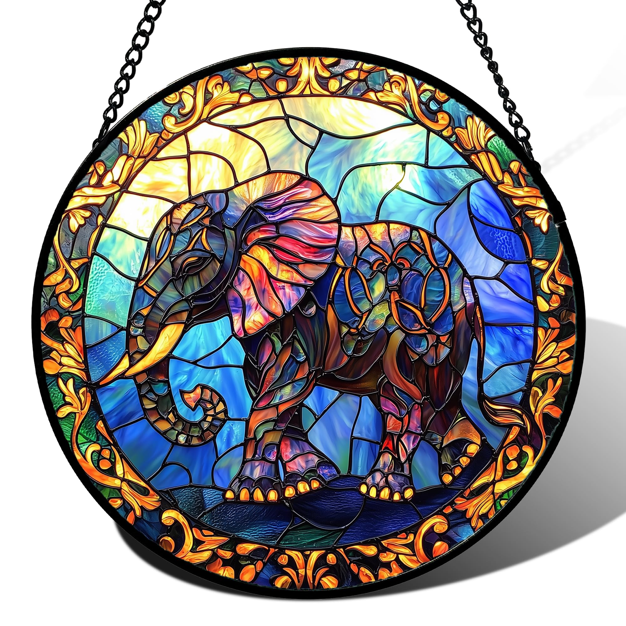 Stained Glass Window Hanging - Blue Elephant Suncatcher for Door Terrace Garden Home Decor Yellow Retro Sun Catcher