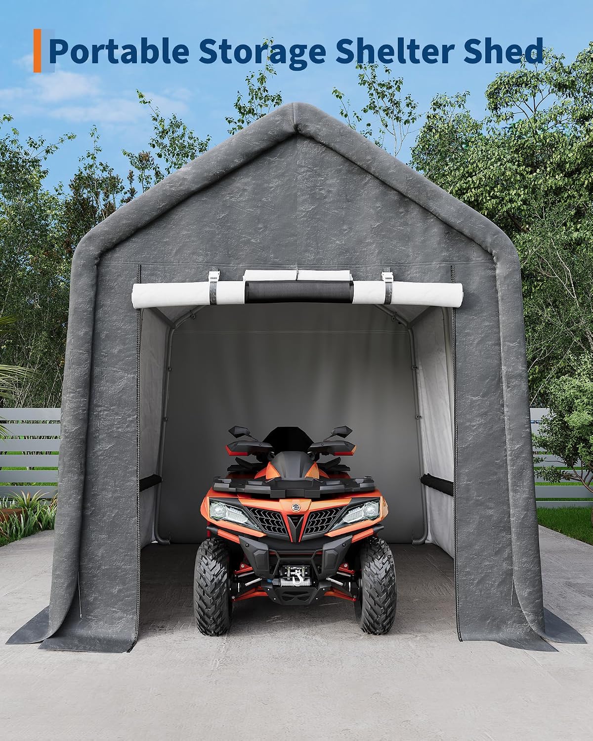 GarveeLife Portable Outdoor Storage Shed with Roll-Up Zipper Door & Vent, 240G Heavy-Duty Shelter Waterproof PE Tarp, UV-Resistant Carport for Motorcycle, Firewood, Tools (Gray, 10'x10')
