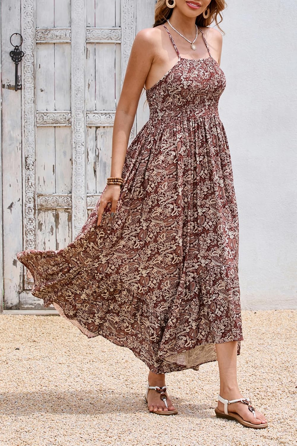 R.Vivimos Women's Summer Maxi Dress Spaghetti Strap Boho Floral Print Smocked Backless Casual Ruffle Flowy Long Dresses - Image 3