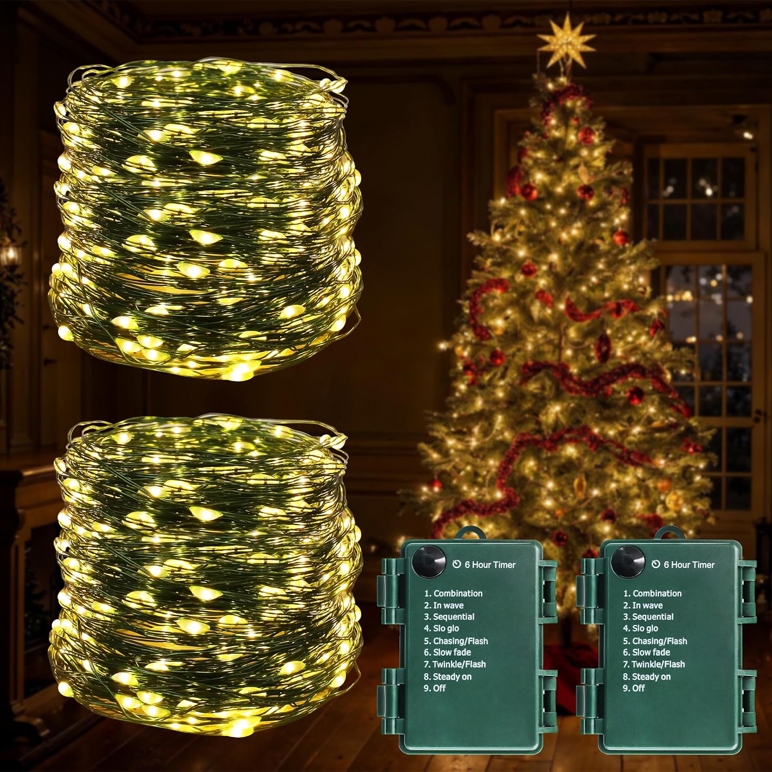 200LED Battery Operated Christmas Lights 8 Modes with Twinkle String Light for Indoor Outdoor Christmas Tree Wreath Party Decoration Warm White 2Pack