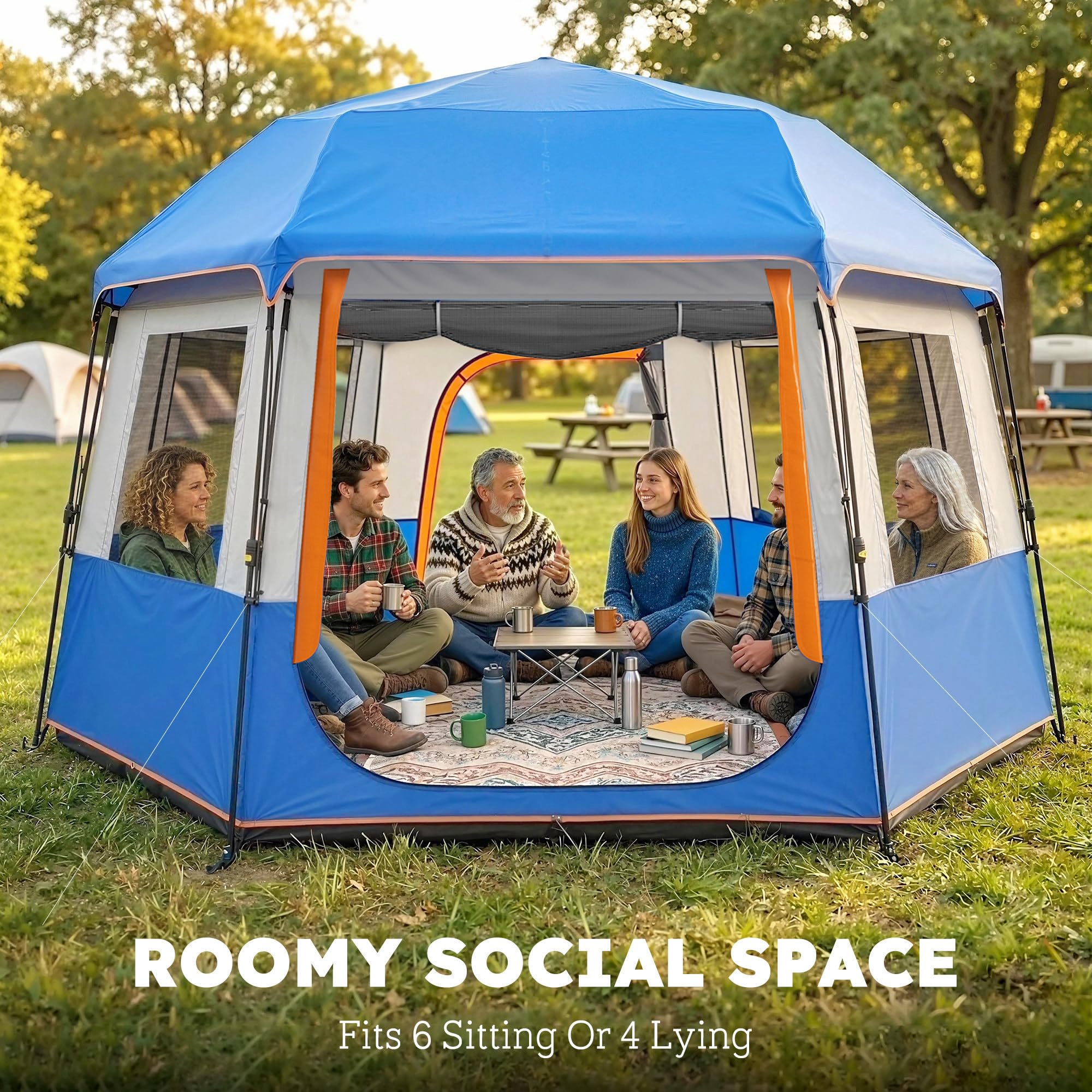 Outsunny Tente de camping pour 4 à 6 personnes, tente tunnel étanche 3000 mm avec couvercle supérieur amovible, protection UV30+ abri familial avec sac de transport