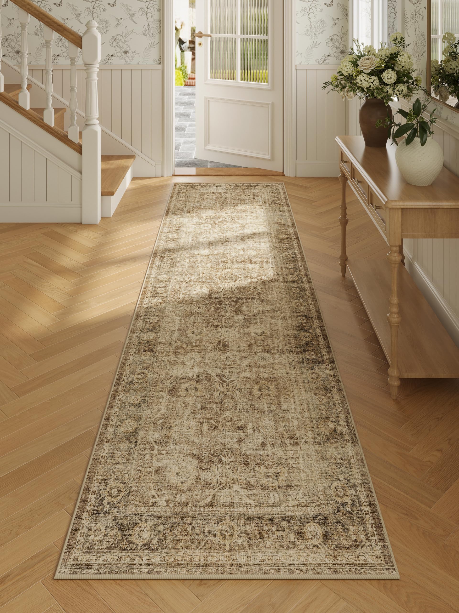 Fmfunctex 2x8 Runner Rug Brown Washable Vintage Neutral Distressed Non Slip Low Pile Indoor Carpet Soft Retro Floral Hallway Entryway Rug for Kitchen