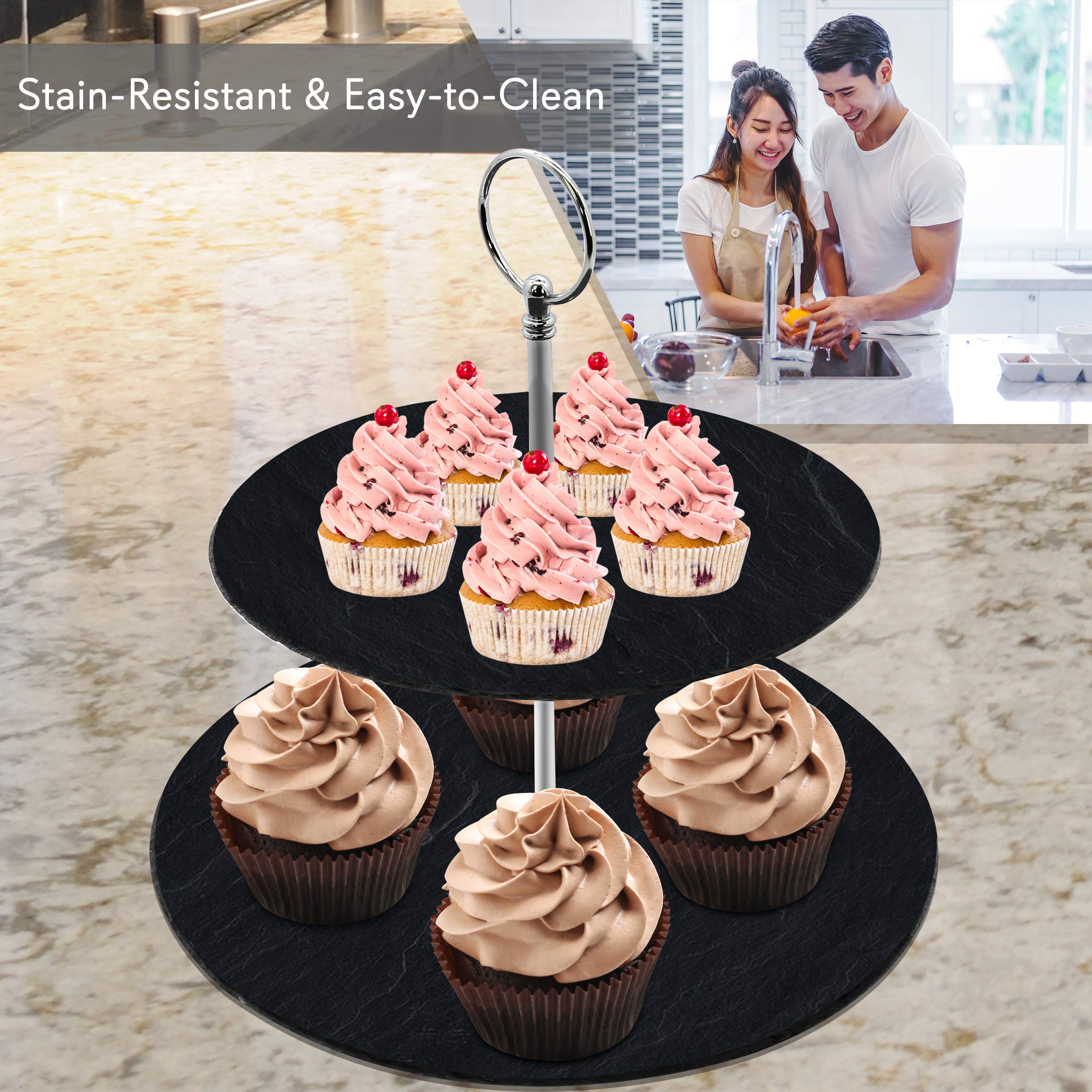 NutriChef Soporte para tartas de pizarra de dos niveles, bandeja redonda de varios niveles, soporte para cupcakes, torre de postre, plato de frutas con varillas de acero inoxidable y asa, para boda,