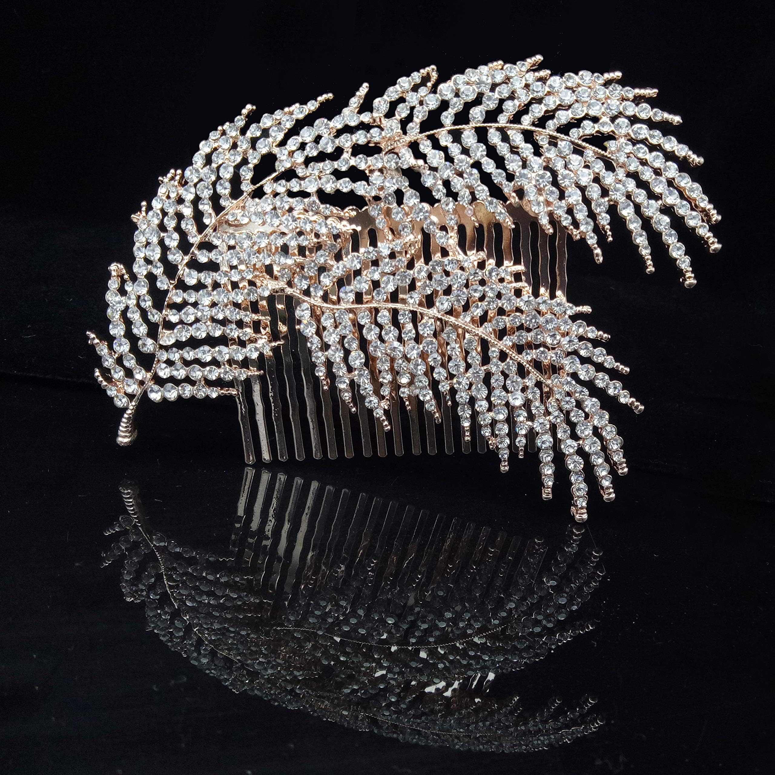 Wedding Crystal Rhinestones Hair Combs Clips Decorative Leaves Bridal Headpiece Hair Accessories for Brides, Rose gold