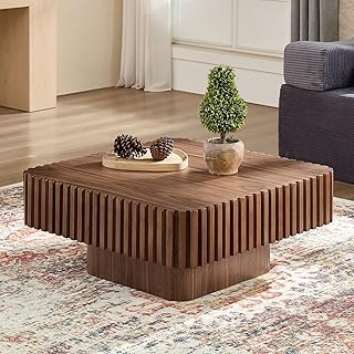 JUSTONE 35-inch Mid-Century Modern Drum Coffee Table, Handcrafted Wood Round Center Table for Living Room, Home Office, Walnut