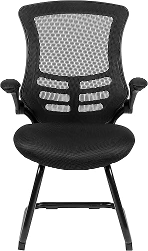 Miniatura 5 de BizChair Silla de recepción lateral con base de trineo de malla negra con brazos abatibles-sala de espera de oficina