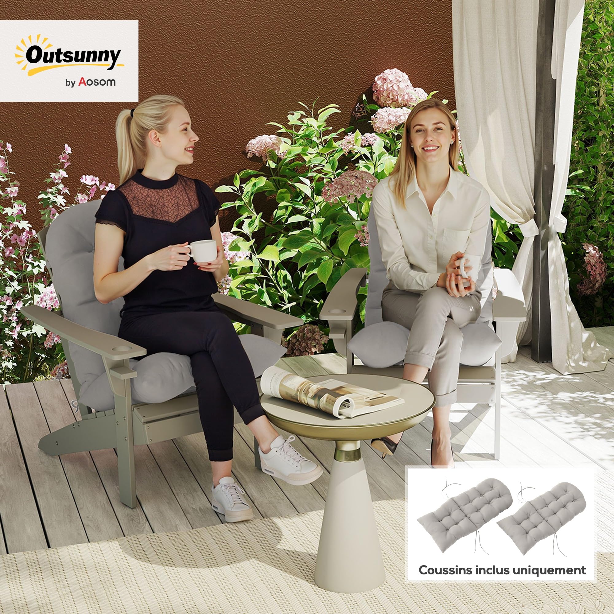 Outsunny Lot de 2 Coussins de Siège pour Chaise Adirondack avec Attaches Sécurisées, Coussin de Chaise Adirondack Design Capitonné, Coussin de Chaise à Aossier Haut Doux et Épais, Gris Clair