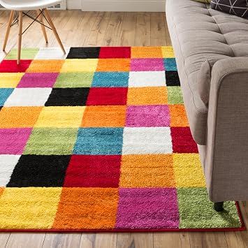 Well Woven Modern Rug Squares Multi Geometric 5 x 7 Area Rug Entryway Bright Kids Room Kitchn Bedroom Carpet Bathroom Soft Durable Area Rug
