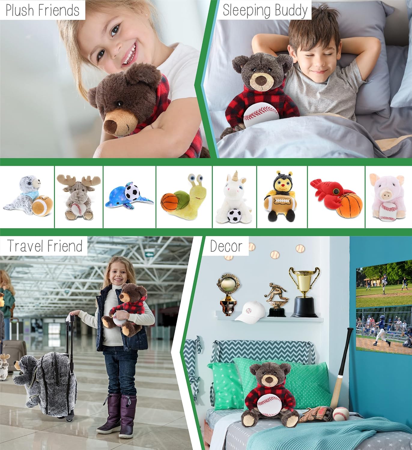 DolliBu Brown Bear Stuffed Animal with Baseball Plush - Soft Huggable Grizzly Bear, Adorable Playtime Teddy Bear Plush Toy, Cute Wild Life Sports Gift for Kids and Adults - 6 Inch