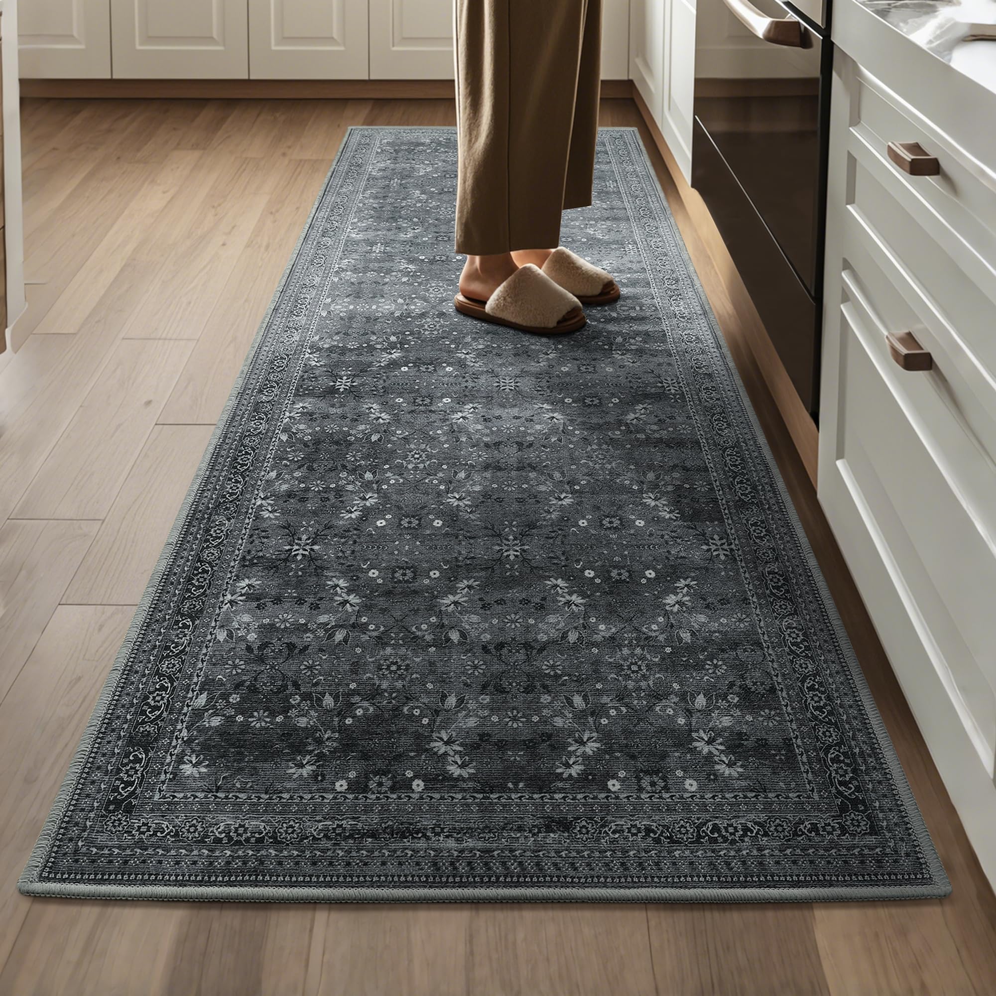 2x6 Washable Kitchen Runner Rug for Hallways, Non Slip Laundry Runners for Bathroom, Low Pile Rubber Backed Rugs for Entryway, Vintage Floral Carpet