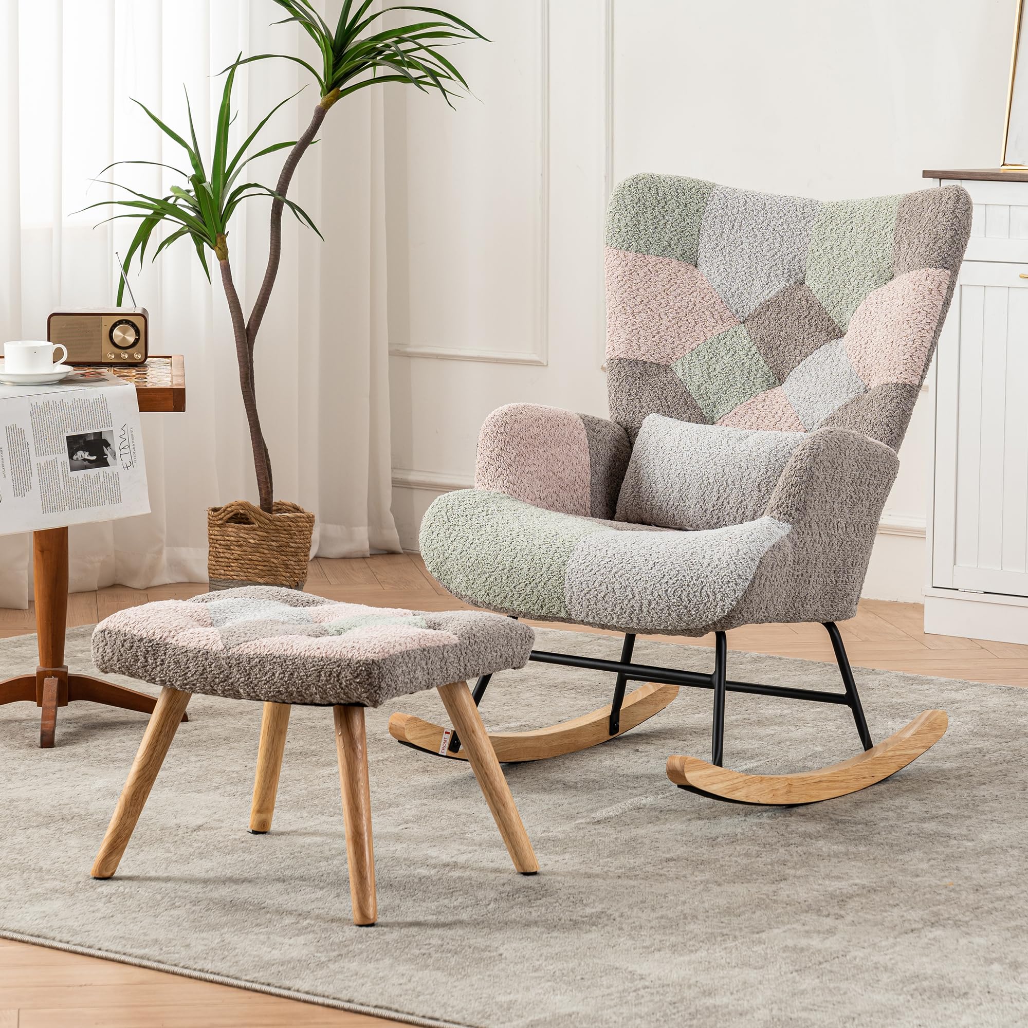 Merax Upholstered Rocking Chair with Footstool, Wooden Legs, Side Pocket, Pillow, High Back Accent Armchair for Living Room and Nursery, Comfy Lounge, Stylish Simple Design, Fabric, Multicolour