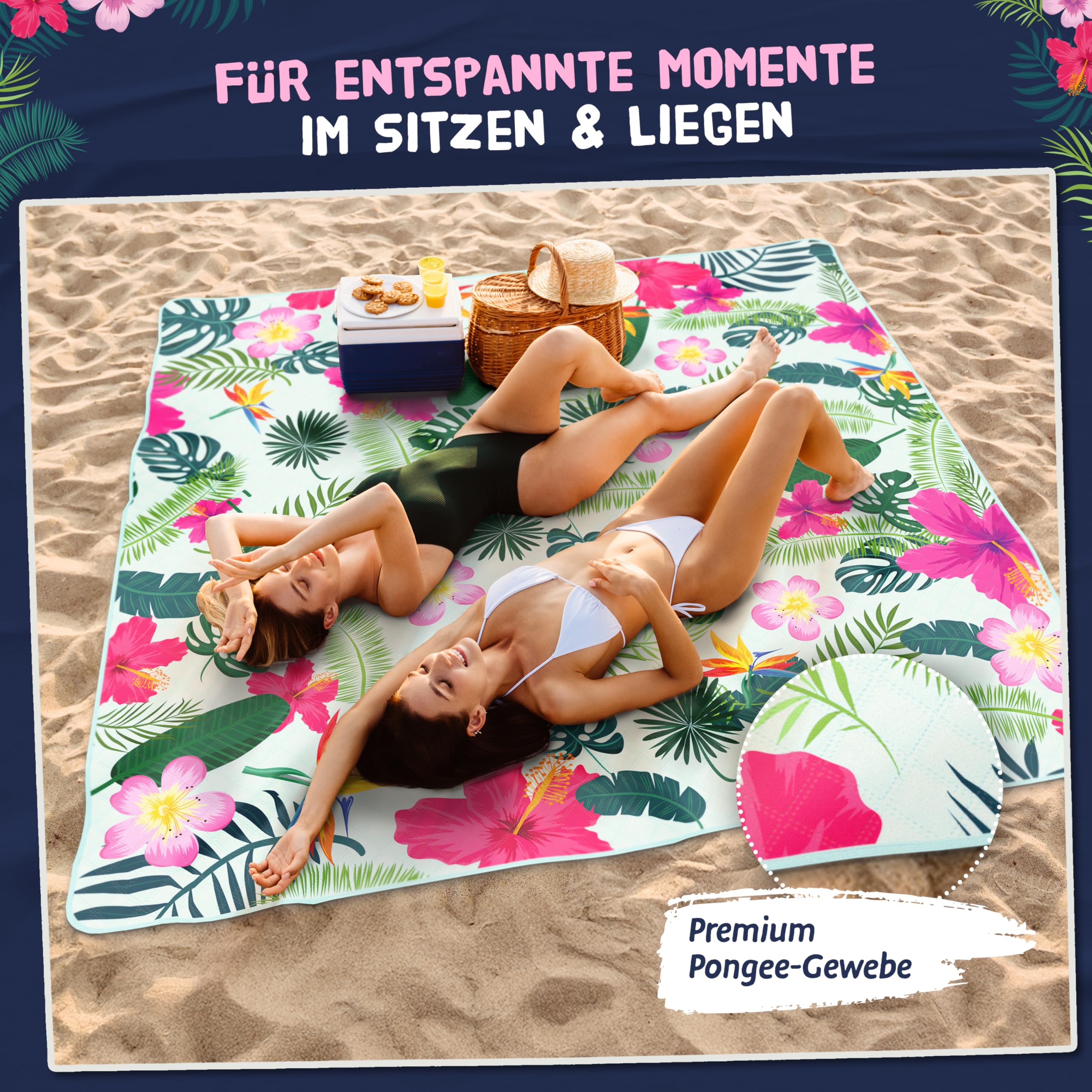Bobby Beach Picknickdecke wasserabweisend | Stranddecke sandfrei Strandmatte gepolstert | Strandtuch XXL Camping Zubehör Picknickdecke 200x200 (Tropical, 200 x 200 cm, gerollt)