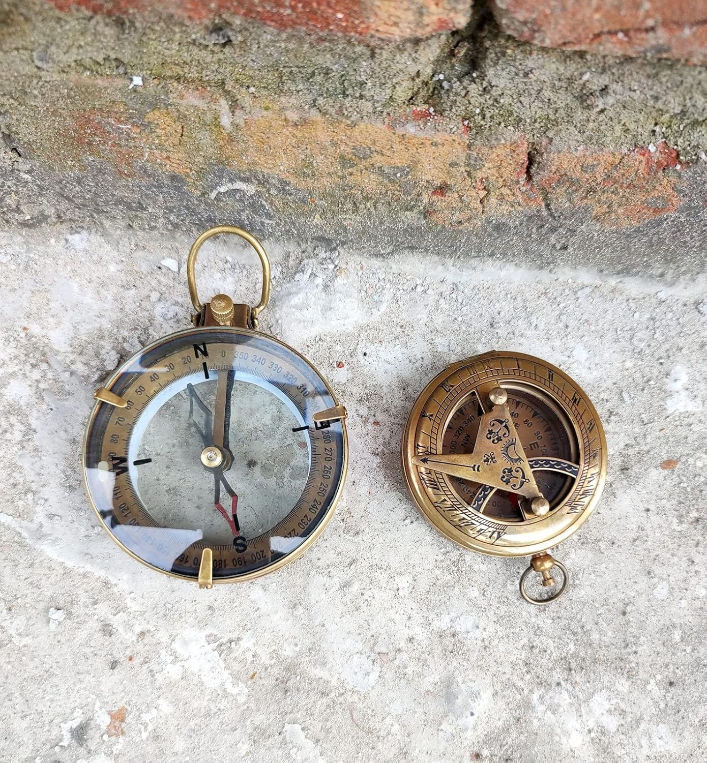 2 Piece Push Button Compass Antique Nautical Map Reader Compass 3" Brass Navigation Pocket Compass with Brown