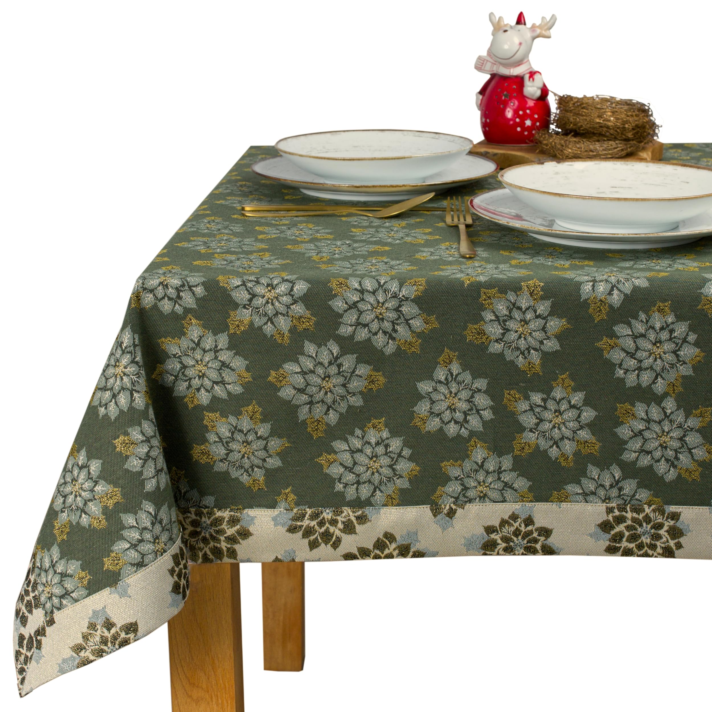 Weihnachts-Tischdecke für Weihnachten, Baumwoll-Polyester mit Motiv Poinsettia, genäht mit Manschette für 5 cm, Grün Elegance Naldo 3786 (150x250 cm)