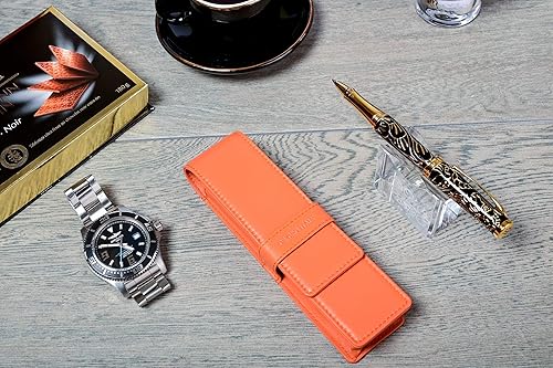 Miniatura 3 de DiLoro Estuche doble de cuero para lápices para dos bolígrafos y lápices estilográficos (naranja)