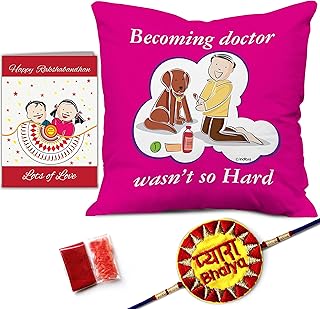 Indigifts Pyara Bhaiya Rakhi with Roli Greeting Card and Brother Giving Cough Syrup to Pet Becoming Doctor Care Pink Printed 12x12 Cushion with Filler Combo for Brother