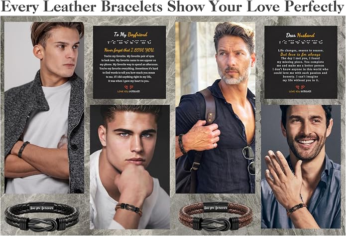 Pulsera de cuero para hombre negra miniatura 6