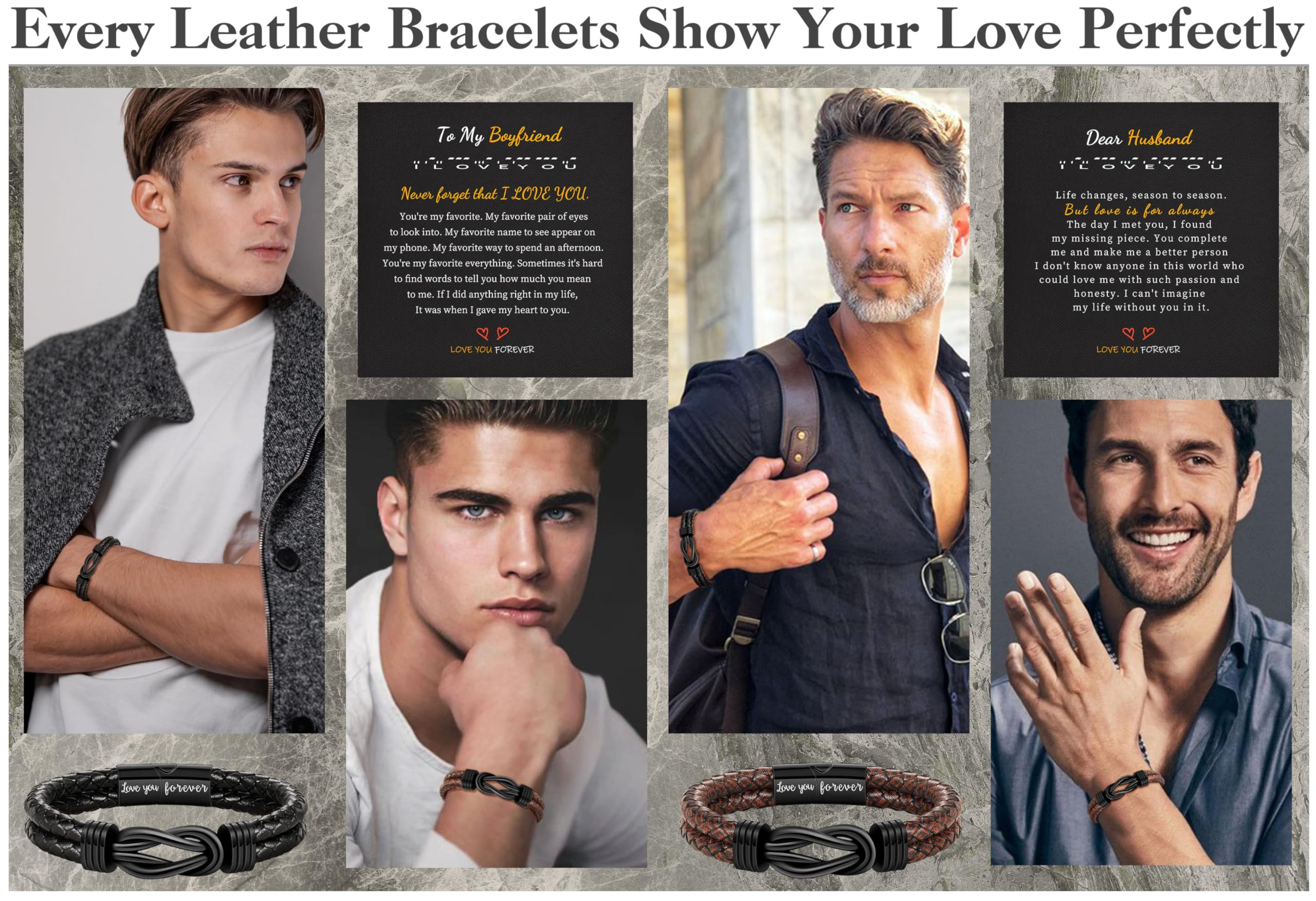 Regalos para hombres, rellenos de calcetines de Navidad para adolescentes, pulseras de cuero para hombres, regalos para él, pulseras de infinito, regalo de cumpleaños para novio, hijo, nieto, esposo 6