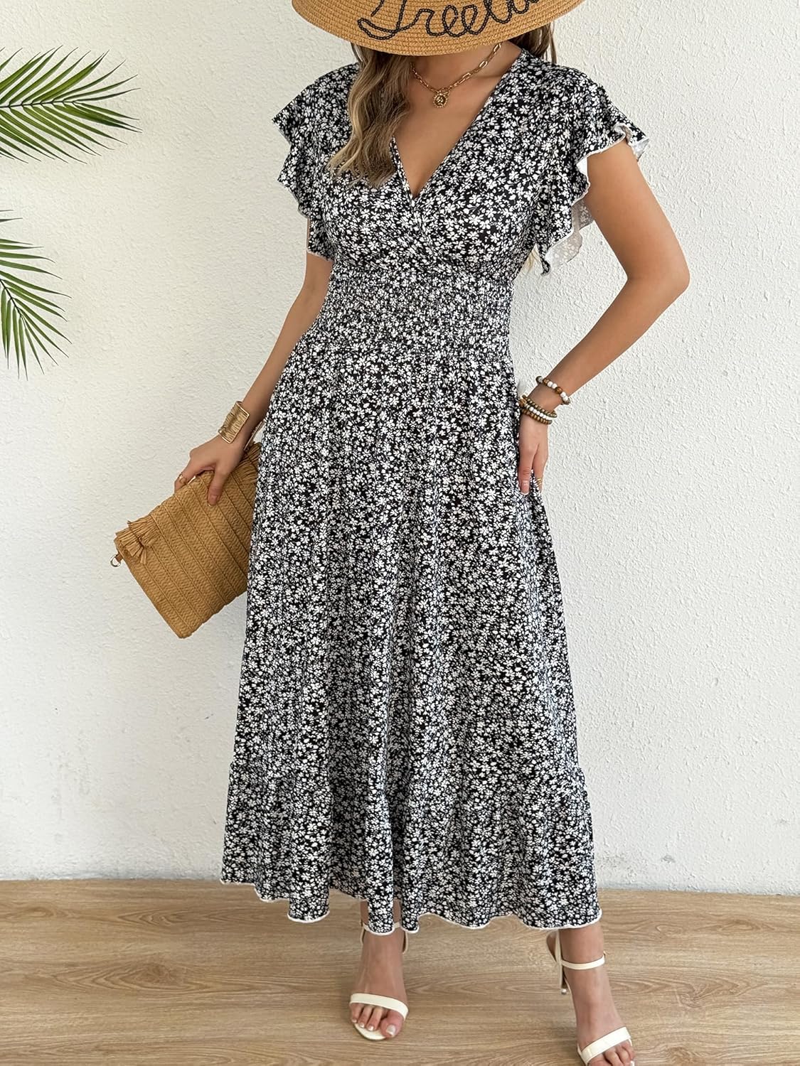 Women’s Maxi Floral Dress - Flutter Short Sleeve Wrap V-Neck Flowing A-Line Summer Dress with Smocked Waist and Pocket - Image 5