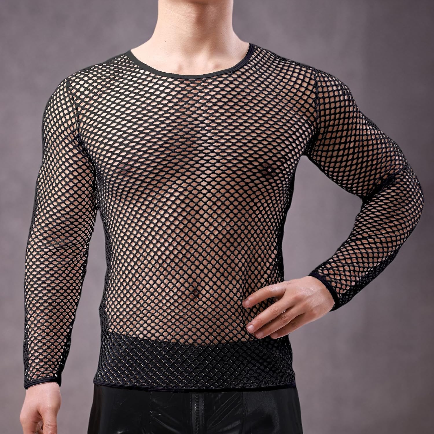 QiaTi Men's Fishnet Shirt Mens Fishnet Top Mesh Transparent Long Sleeve Muscle T-Shirt Net Undershirt Top for Men - Image 7