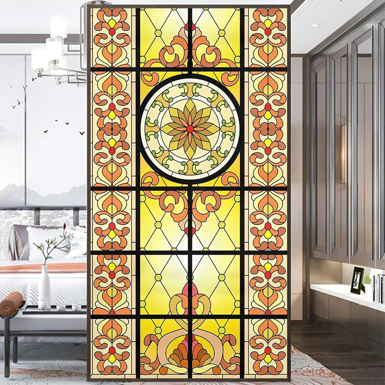 No Glue Static Cling Privacy Windows Film 01Q European Church Style Stained Glass Decorative Window Stickers 60x120cm(23.6"x47.2")