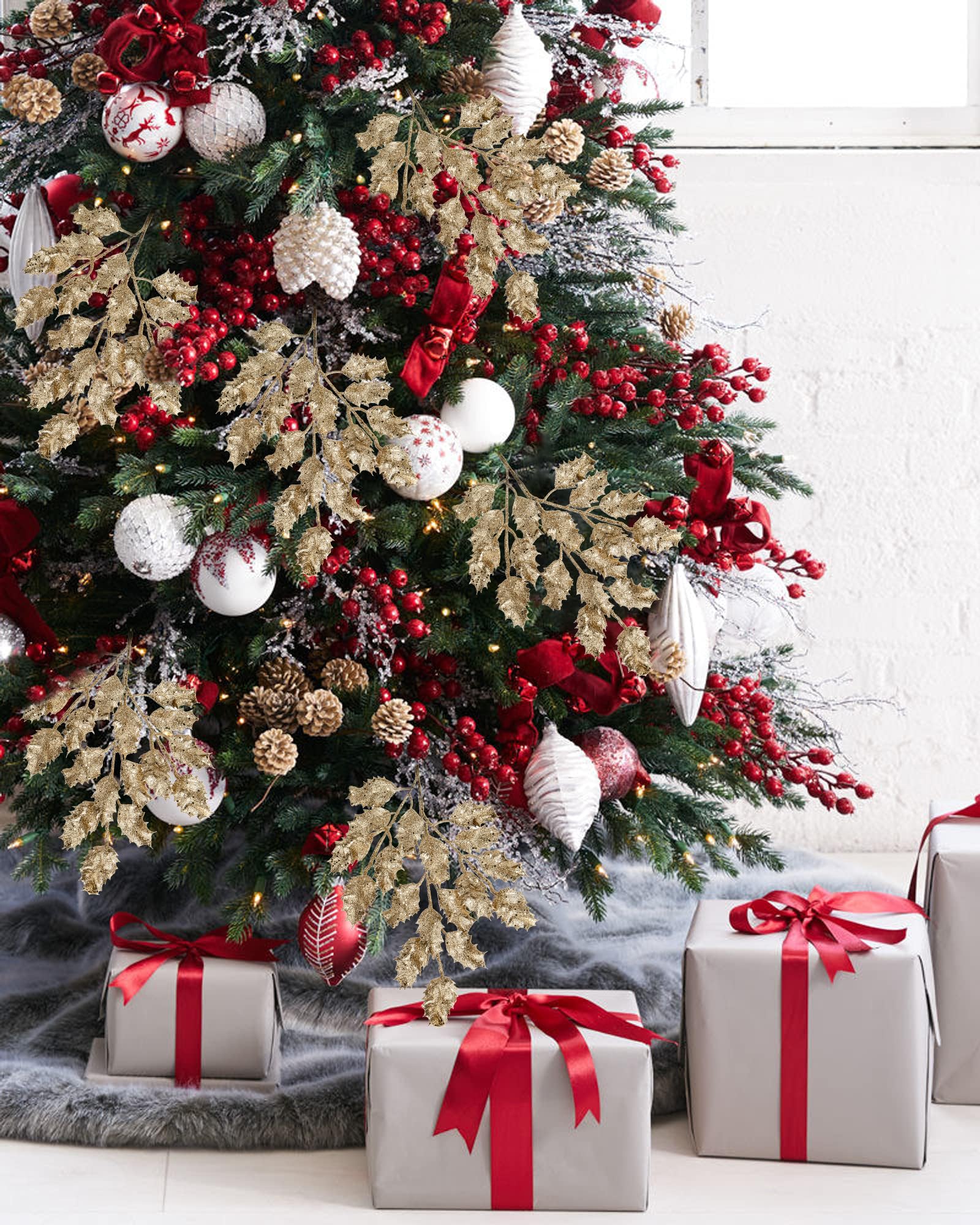 Briful 6pcs Glitter Leaf Artificial Holly Leaves 23" Christmas Glitter Leaves Stem for Xmas Tree Decorations Fake Leaf Artificial Stem for Flower Arrangment Home Decor - Image 3