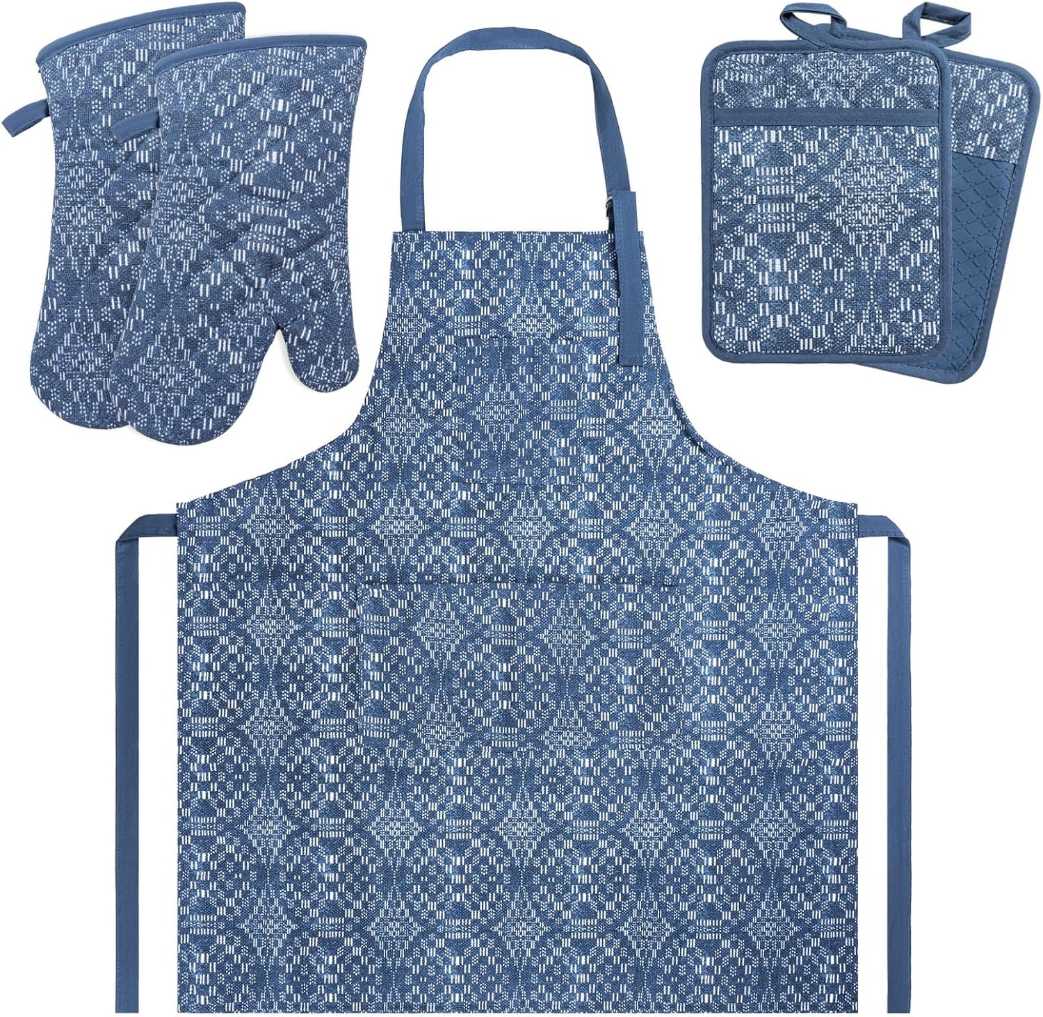 Oven Mitts and Pot Holders with Cooking Apron Set of 5, Heat Resistant Kitchen Gloves and Silicone Non-Slip Potholders (Dusty Blue)