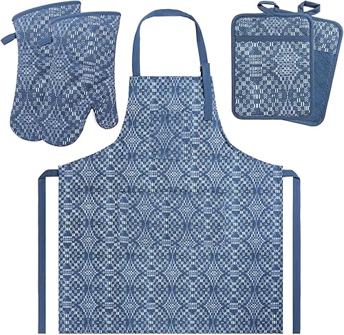 Miniatura 19 de Juego de 5 manoplas para horno y agarraderas con delantal de cocina, guantes de cocina resistentes al calor y agarraderas antideslizantes de