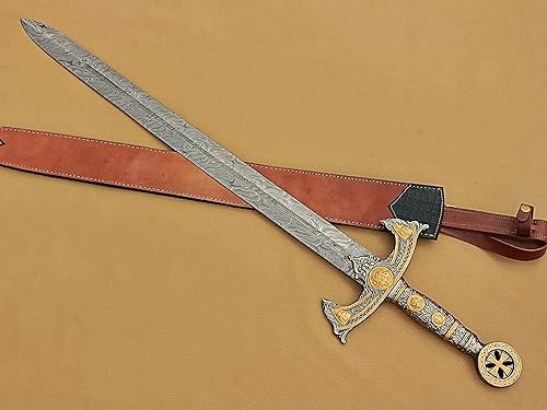 Miniatura 4 de Espada Templaria medieval hecha a mano, espada larga de Damasco sagrada con funda de cuero