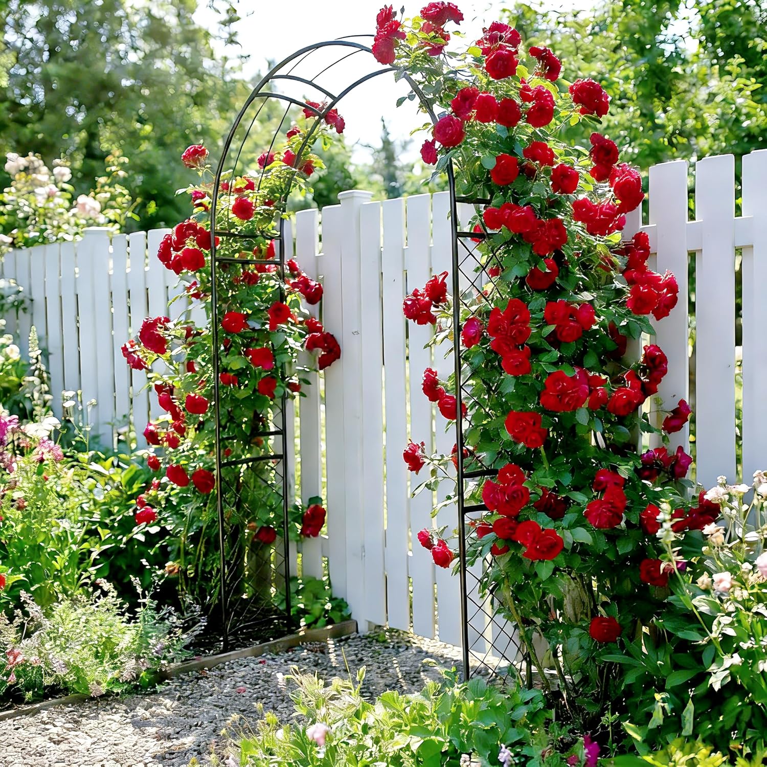 SCENDOR Metal Garden Arch with Lattice Side Panels 88.6" H x 50.8" W– Heavy-Duty Arbor for Climbing Roses, Vines, and Outdoor Patio, Lawn, Backyard, Wedding Decor (Black)