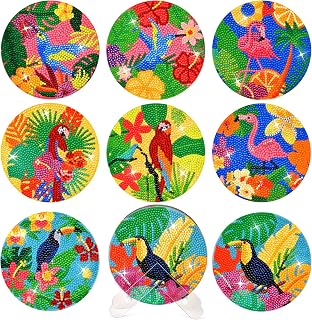8 PCS Diamond Art Coasters, Bird & Flower Diamond Painting Coasters Set with Holder Plant DIY Diamond Art Coasters, Diamond Painting Kits for Beginners, Adults, Kids, Diamond Art Craft Supplies Gifts
