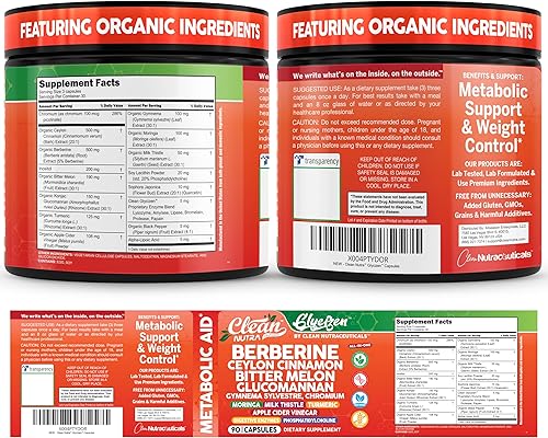 Miniatura 9 de Clean Nutra Berberina y Ceilán Suplemento de canela melón amargo glucomanano Gymnema Sylvestre Cromo Moringa Cardo mariano Cúrcuma Vinagre de sidra