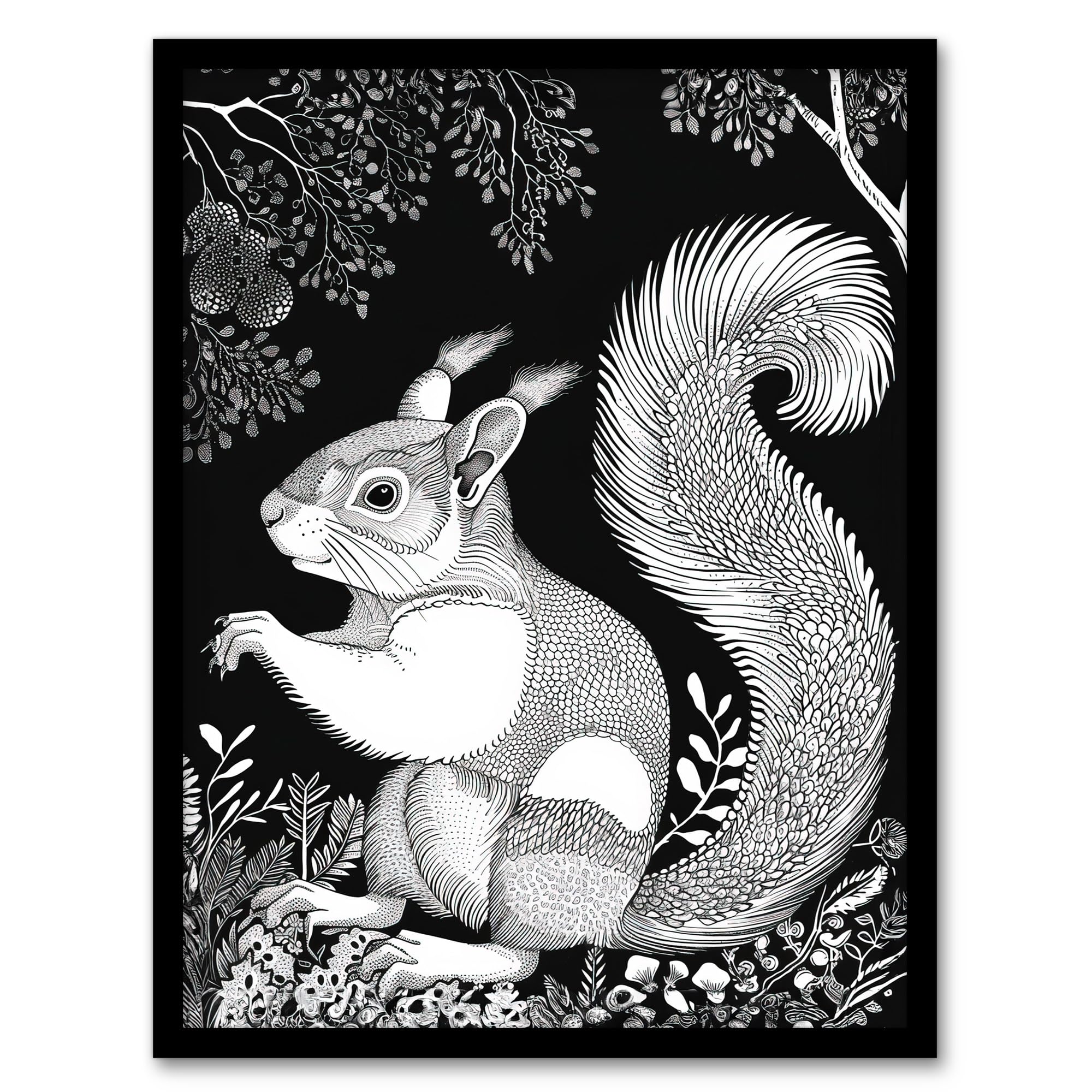 Artery8 Happy Squirrel in Trees Black and White Drawing Living Room Artwork Framed Wall Art Print 18X24 Inch