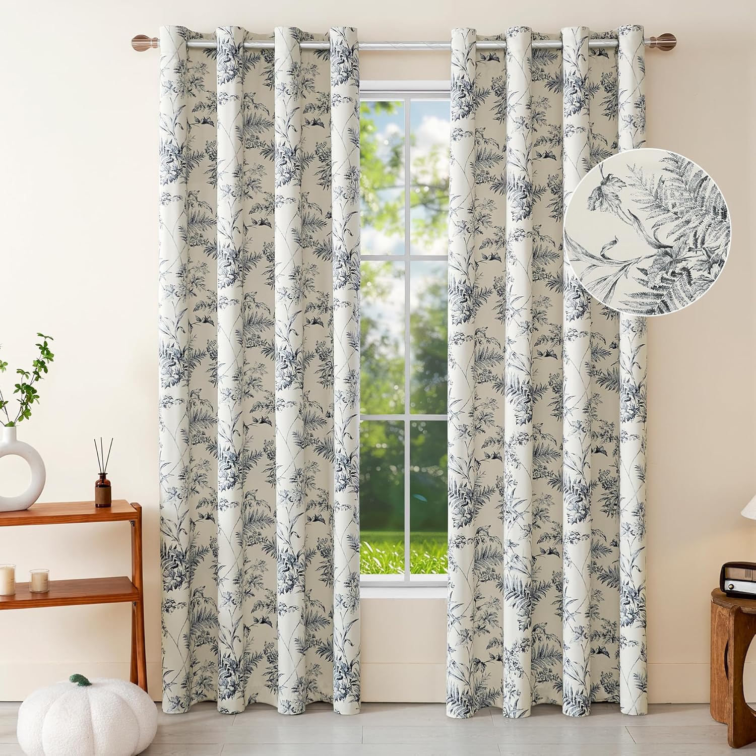 2 Pcs Blackout Curtain Drapes with Fern Print, Thermal Insulated Noise Reducing Grommet Top Window Drapes, Rustic Window Treatment for Bedroom Living Room Offices, 52 X 63 in (W X L), Blue