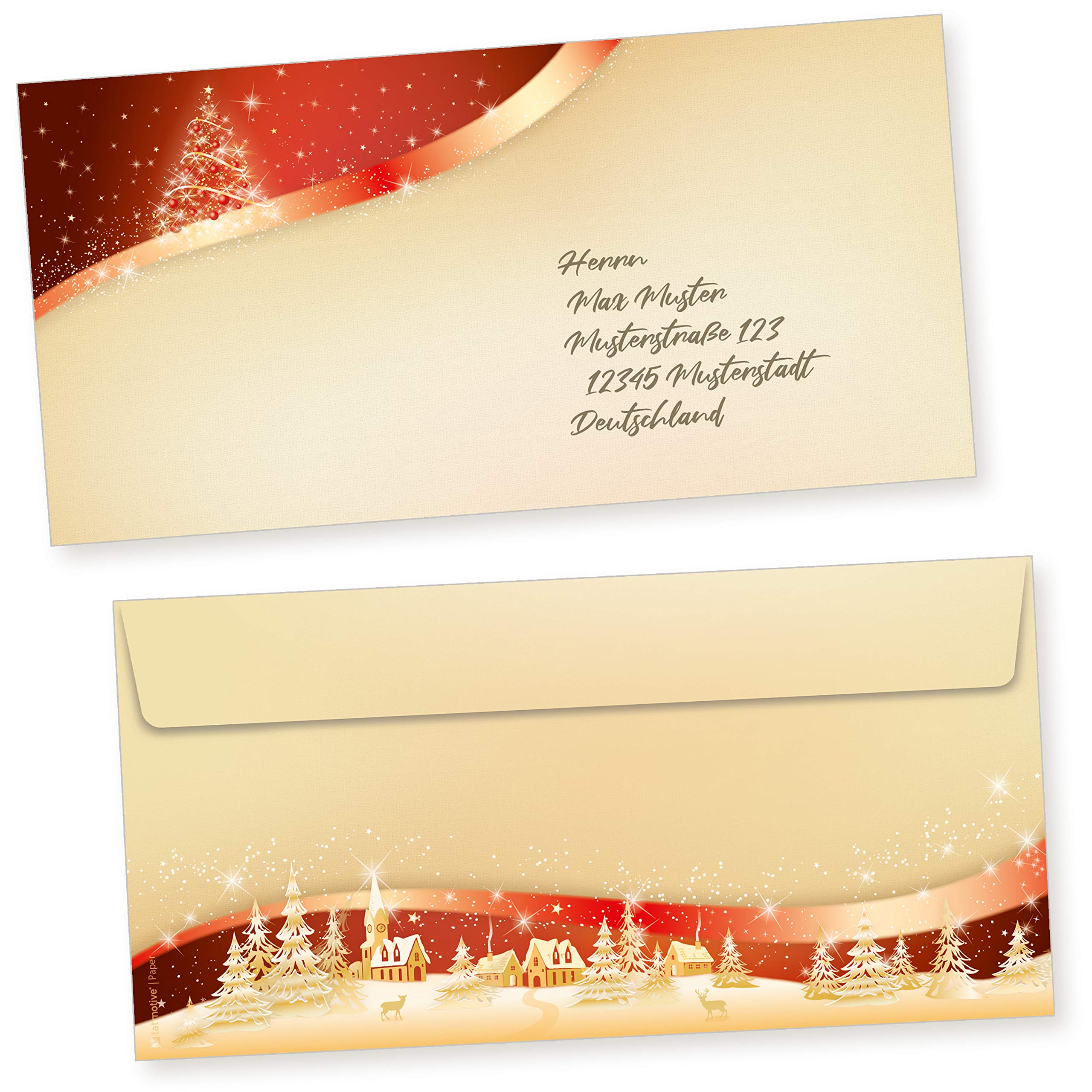 ROT GOLD 250 Sets Weihnachtsbriefpapier mit Umschläge ohne Fenster, Briefpapier Weihnachten A4